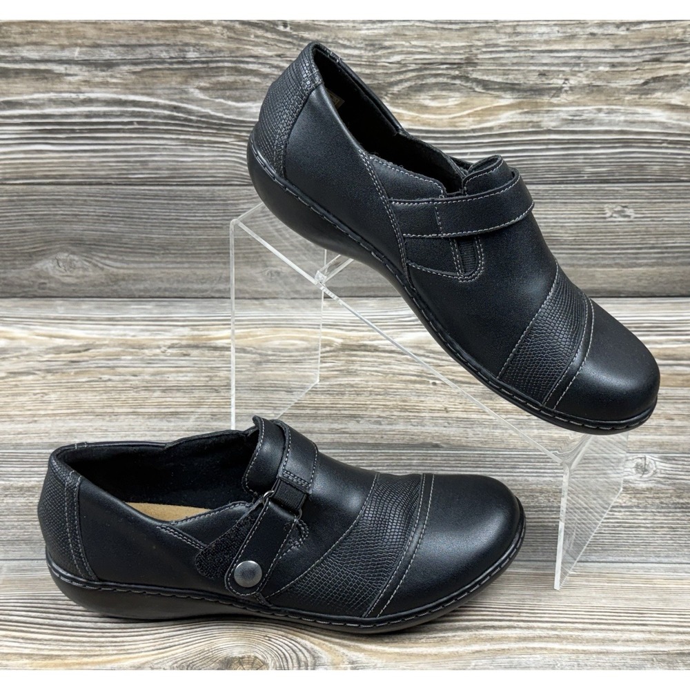 Clarks Ashland Gem Women's 9.5 Black Leather Slip On Loafer Shoes Comfort Office